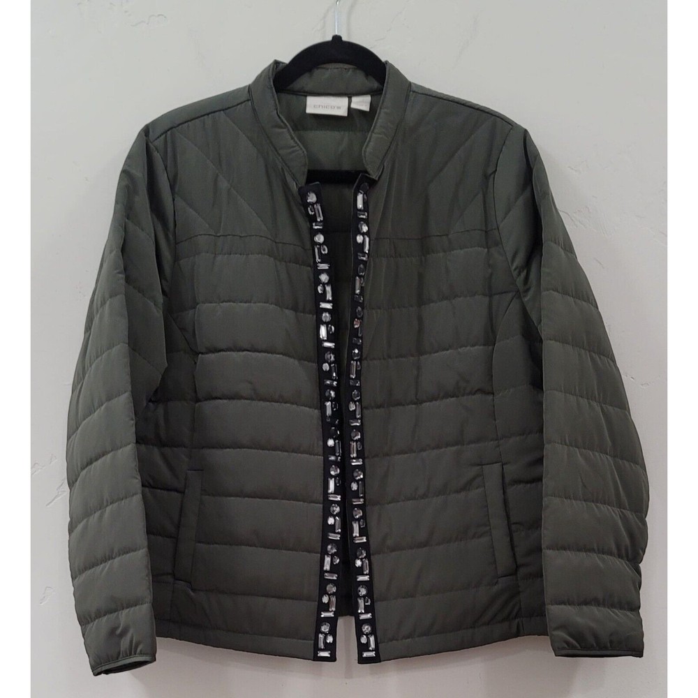 Chico's Open Front Boho Quilted Jacket Olive Green with Crystal Jeweled sz.2
